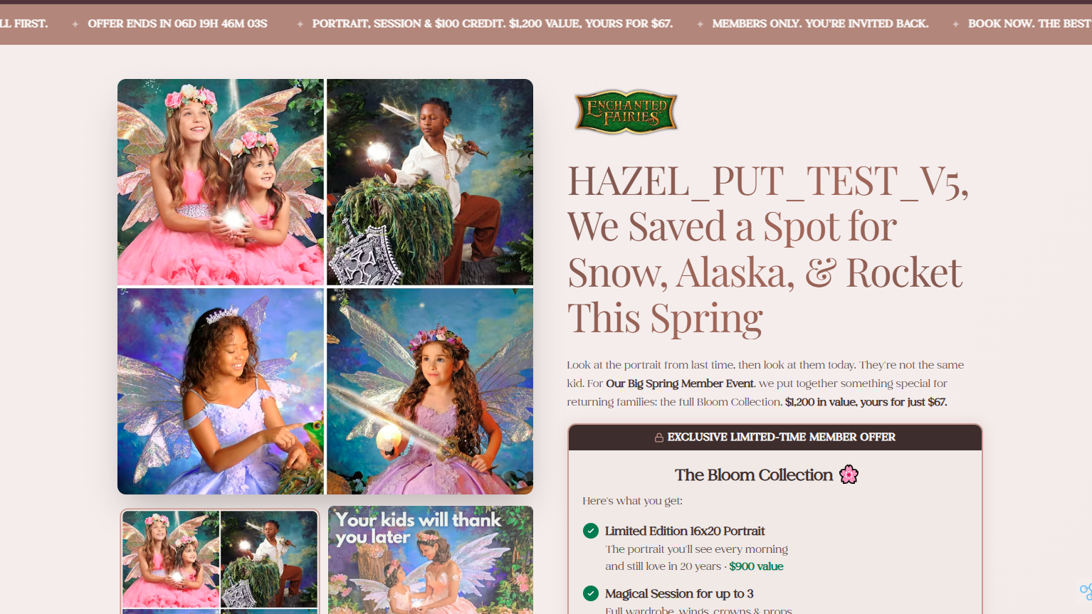 The warm current campaign: cream and blush, burgundy serif headline, real fairy portraits, the Bloom Collection offer card