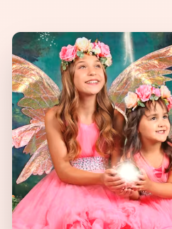 An Wishful Portraits portrait, two children as the heroes of a storybook in warm studio light